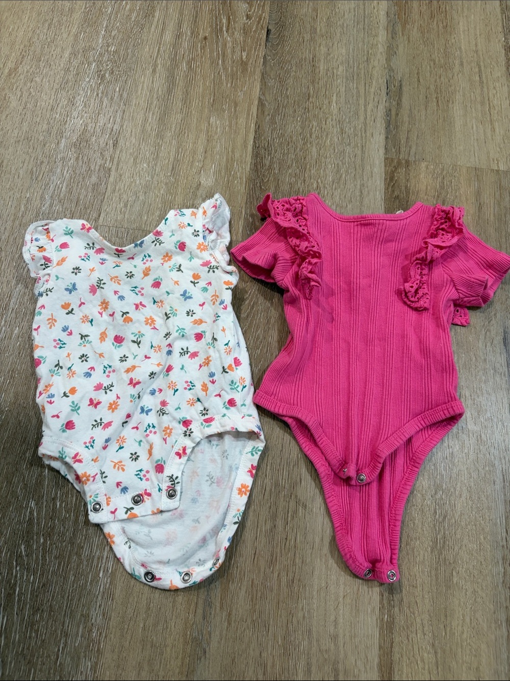 Hot Pink Ruffle Ribbed One-Piece Bodysuit and white floral set of 2
